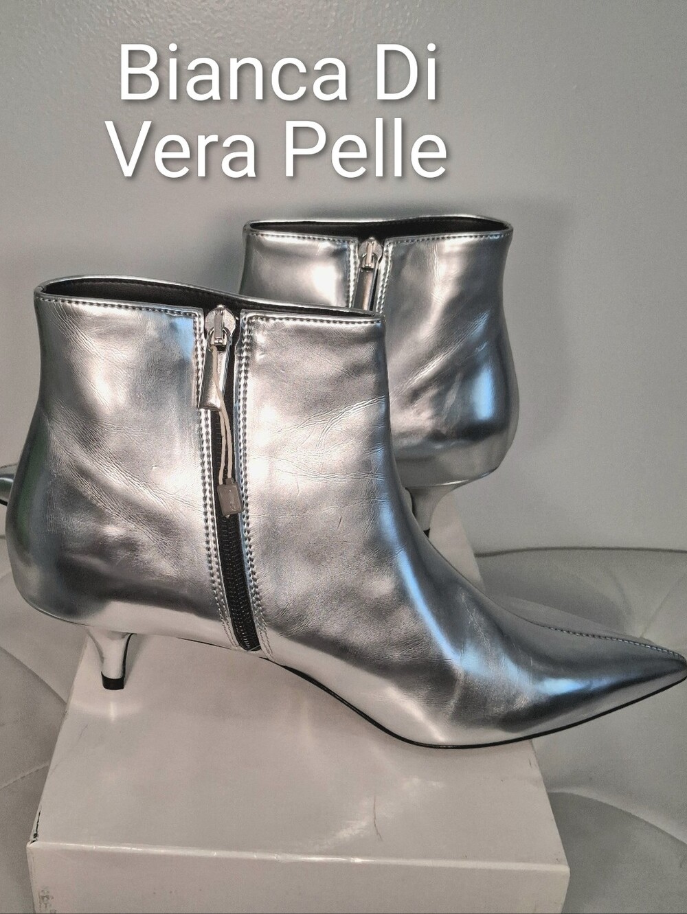 Bianca Di silver metallic kitten heel ankle bootie genuine leather EU 39 NWT